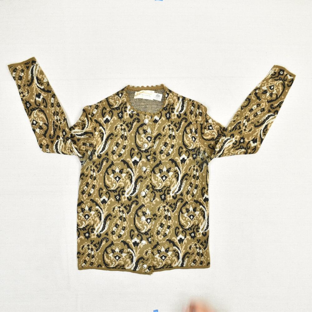 Catalina Jacquard Women's Cardigan Sweater Paisley Brown Size 36 Virgin Wool VTG - Picture 2 of 8